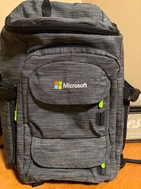Microsoft Gray Tech Backpack with Neon Green Accents